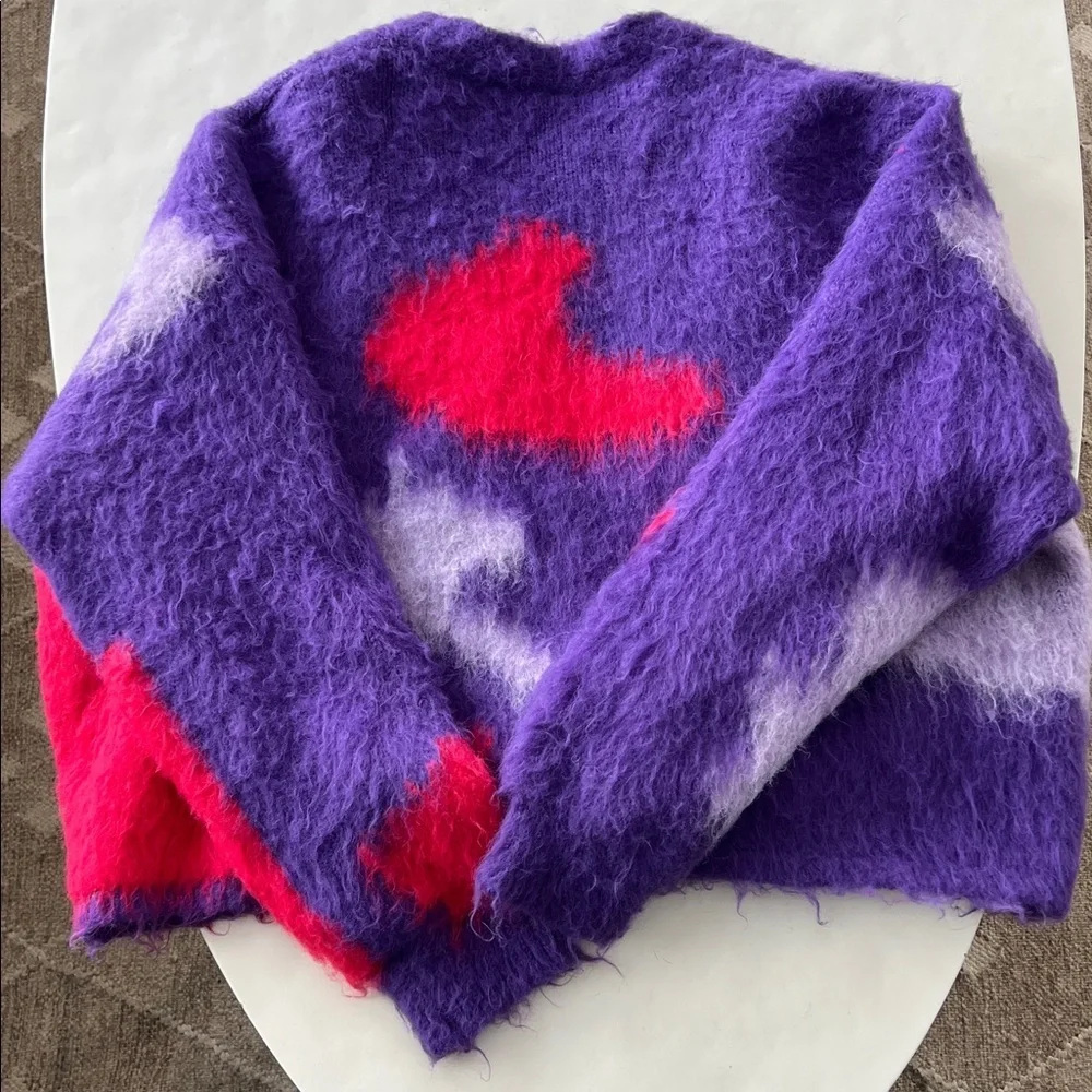 ZARA Brushed Fuzzy Finish Knit Open Cardigan Abstract Unique Purple Red L